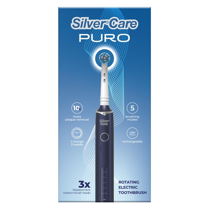 Silver Care PURO elektromos fogkefe, forgatható, 5 üzemmód, 3 fej mellékelve, USB-C újratölthető, 21 napos akkumulátor-élettartam