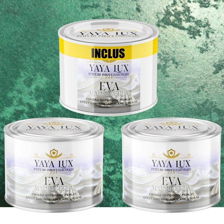 Pachet 2 + 1, Vopsea Decorativa de Lux, Eva Madreperla Verde Inchis, 2 X 0.5 Litri si 0.5 Litri