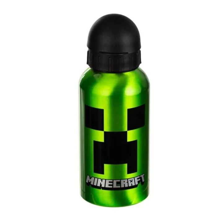 Sticla de apa pentru copii, model Minecraft, aluminiu, verde, 400ml, 6.5x13cm