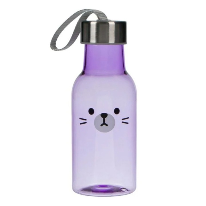 Пластмасова бутилка за вода с метален капак, лилава, 350 мл, 6,5 х 17 см