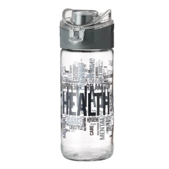 Sticla de apa, sport, cu model si capac, din plastic, transparent/gri, 500ml, 7x20cm