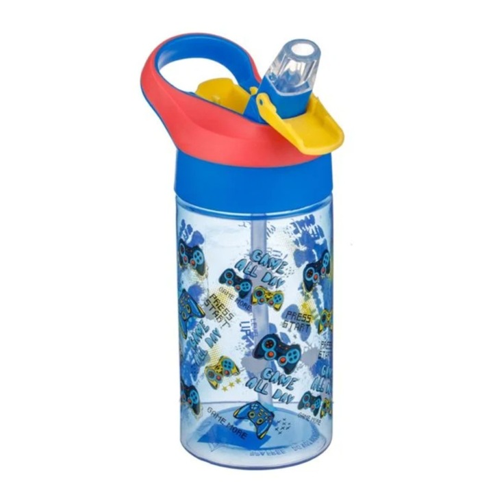 Sticla de apa, pop up, model Gamer, 0% BPA, plastic, albastru, 500ml, 7x19cm