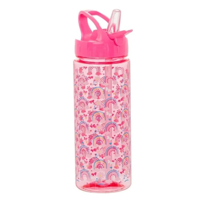 Sticla de apa, pentru copii, sistem flip top, model curcubeu, 0%BPA, plastic, roz, 500ml, 6.5x21cm