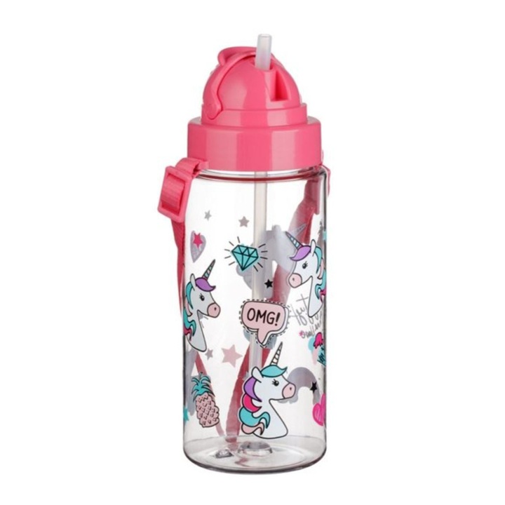 Sticla de apa, sistem pop up, model Unicorn, 0% BPA/BPS, transparenta/fucsia, 500ml, 7x20cm
