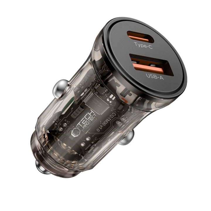 Autós töltő Tech- Protect CC01 - szivartöltő fej, USB / Type-C (USB-C), 30W, fekete