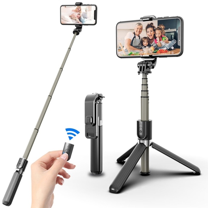 Trepied telescopic, Selfie Stick 90 cm cu telecomanda bluetooth