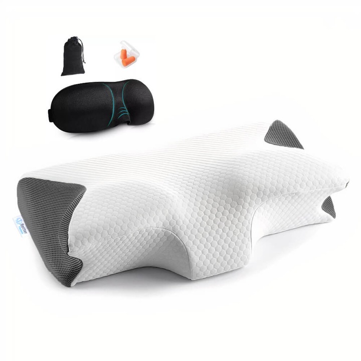 Pachet perna ortopedica cervicala din spuma cu memorie Better Posture Pro si masca de dormit Better Posture 3D cu saculet si dopuri de urechi