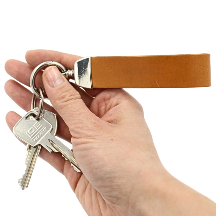 Breloc din piele PREMIUM Black Tree, coniac, 130x23mm, cu carabina rotunda