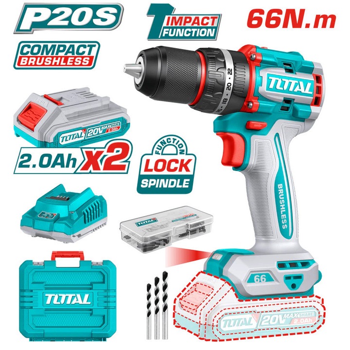 Masina de gaurit cu percutie pe acumulator Total, motor fara perii, 20V, 2Ah, include 2 acumulatori si 1 incarcator