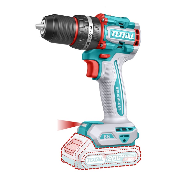 Ударна бормашина Total, акумулаторна, безчетков мотор, 20V, 2Ah, включва 2 батерии и 1 зарядно устройство