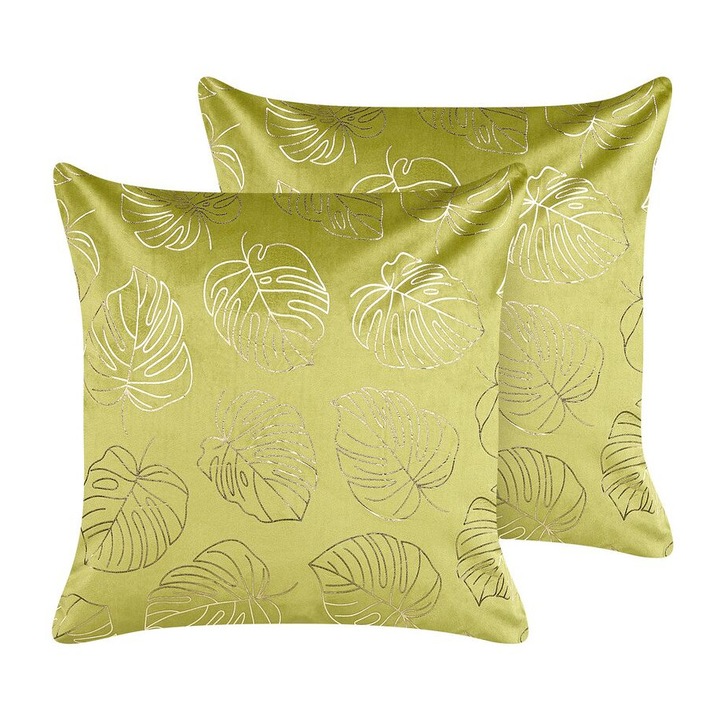 Set de 2 perne din catifea verde deschis si auriu 45 x 45 cm Deliciosa