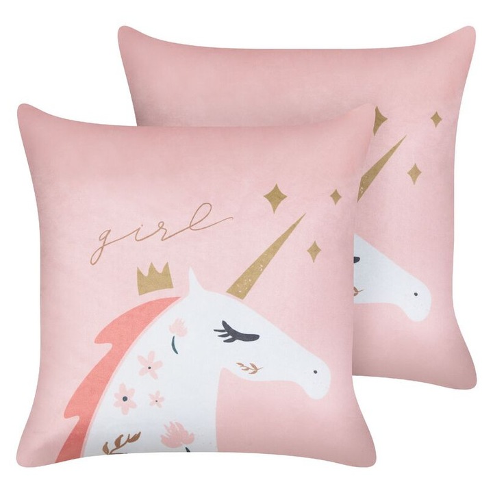 Set de 2 perne din catifea roz cu motiv de unicorn 45 x 45 cm Uniola