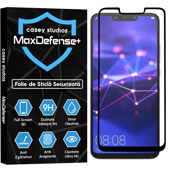 Folie Sticla CASEY STUDIOS™ compatibila cu Huawei Mate 20 Lite / Nova 3 / Nova 3i / P Smart Plus, Full Cover 3D, Full Glue, Duritate Militara, Anti Zgarieturi, Anti Socuri, Margini Negre