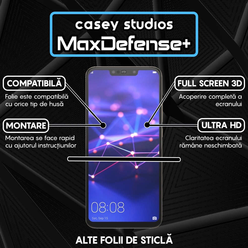 Folie Sticla CASEY STUDIOS™ compatibila cu Huawei Mate 20 Lite / Nova 3 / Nova 3i / P Smart Plus, Full Cover 3D, Full Glue, Duritate Militara, Anti Zgarieturi, Anti Socuri, Margini Negre