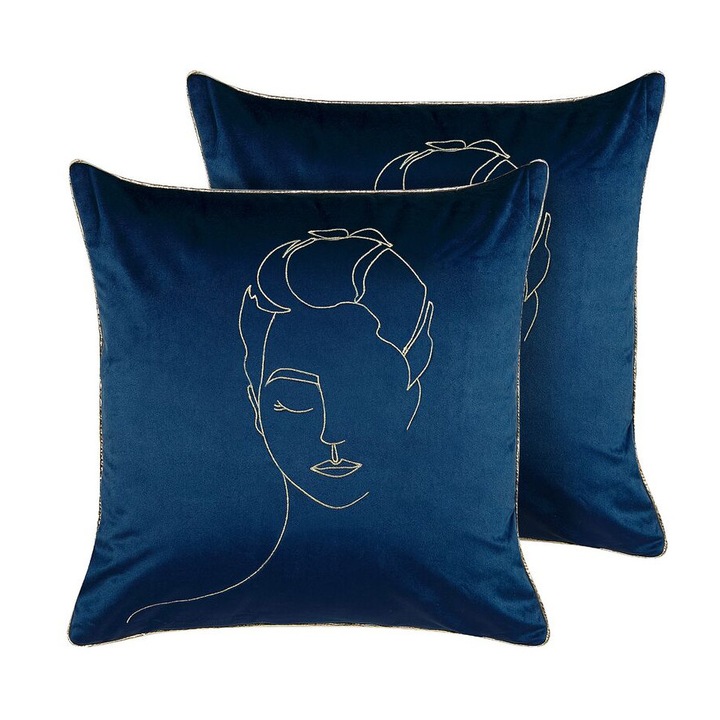 Set de 2 perne din catifea albastru inchis si auriu 45 x 45 cm Crocus