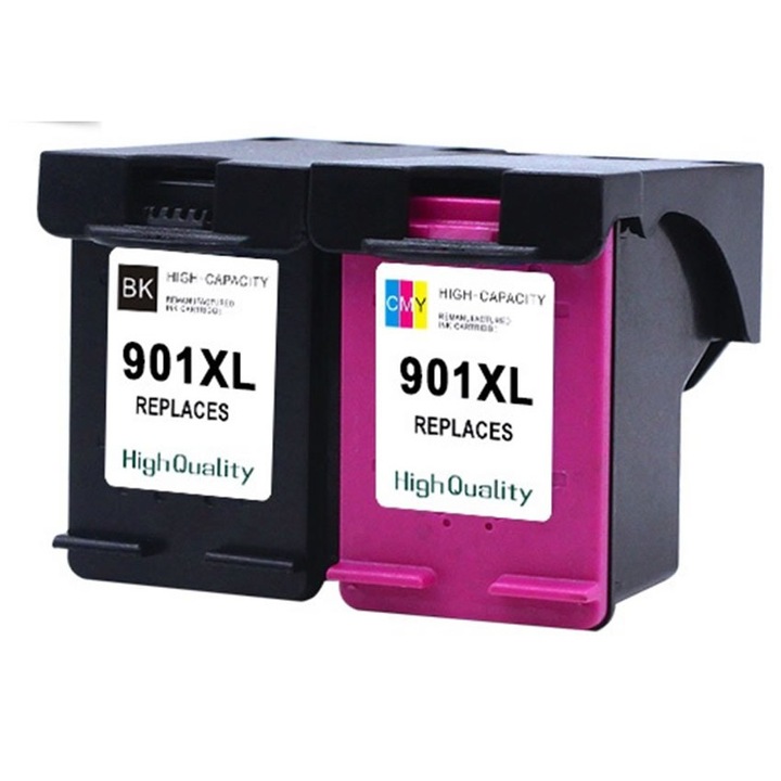 Set 2 Cartușe Inkjet, NEW-TON, Compatibil cu HP, 901 XL Negru/Color, 600 Pagini, Multicolor