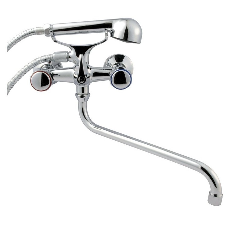 Invena szaniter csaptelep, dupla fogantyús, S típusú kifolyó 30 cm, kiegészítő készlettel, 1/2"