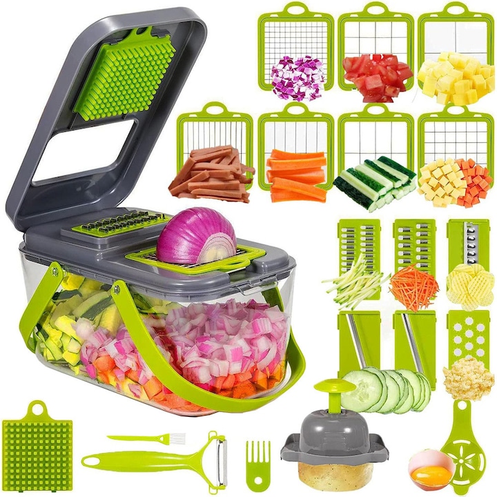 Feliator de legume multifunctional Verk Group, 13 lame interschimbabile, design ergonomic, 260x155x145mm, verde/gri