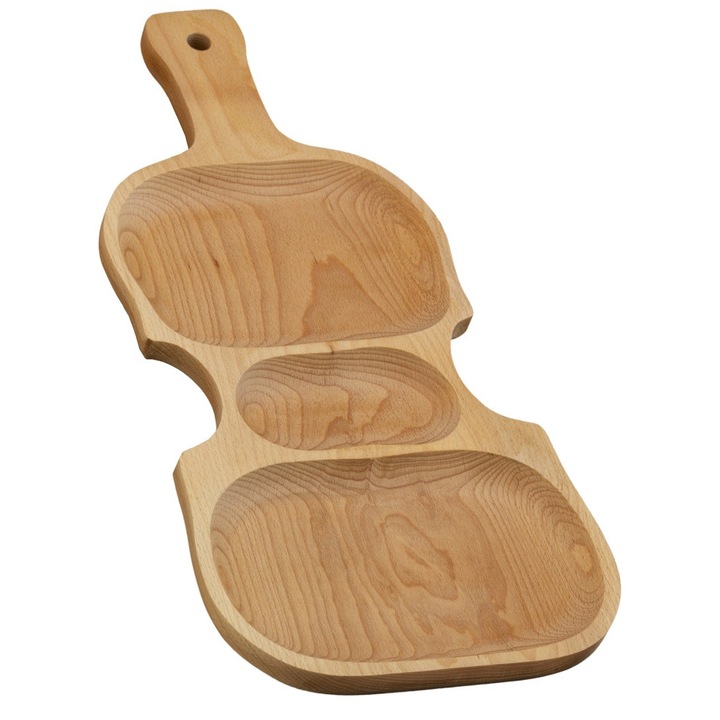 Platou Vioara, tava de servire cu 3 compartimente, lemn masiv fag, rustic, 50 x 25 cm, OnemisFlot