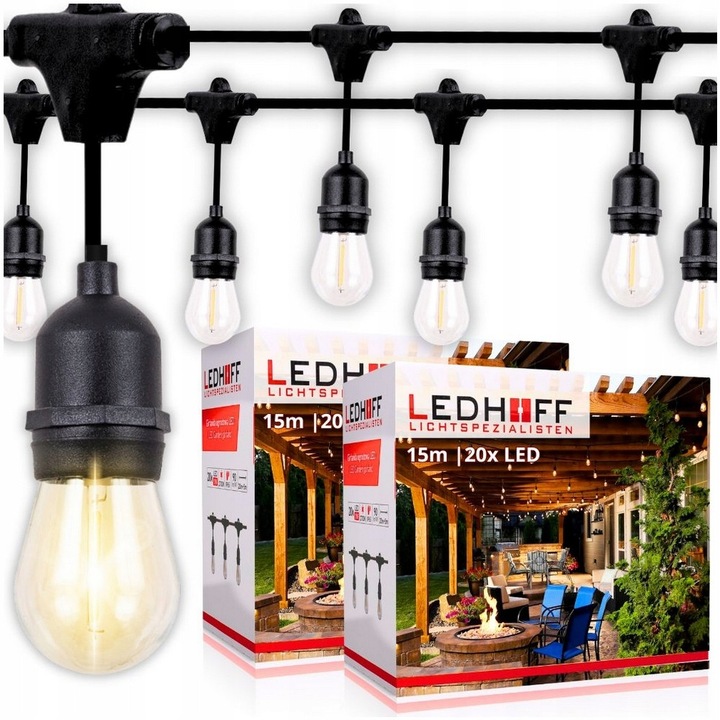 Set 2 Ghirlande de gradina cu alimentare electrica, Ledhoff, 20x 4cm LED, culoare calda a luminii, 2700K, IP44, E27, un bec atarnat de un cablu, 15m