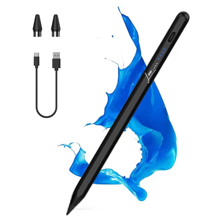 Универсален стилус за iPad, Louluna, Молив за сензорен екран, Писалка за таблет, iPhone телефон, Android, Връх против надраскване, Магнитен, USB-C, 16.5 см, Черен