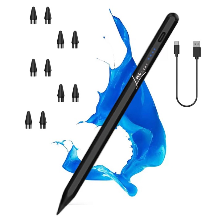 Стилус, Универсален, Съвместим с iPad, Louluna, молив за сензорен екран, таблет, телефон, iPhone, Android, 10 писалки включени, връх против надраскване, магнитен, USB-C, 16.5 см, черен