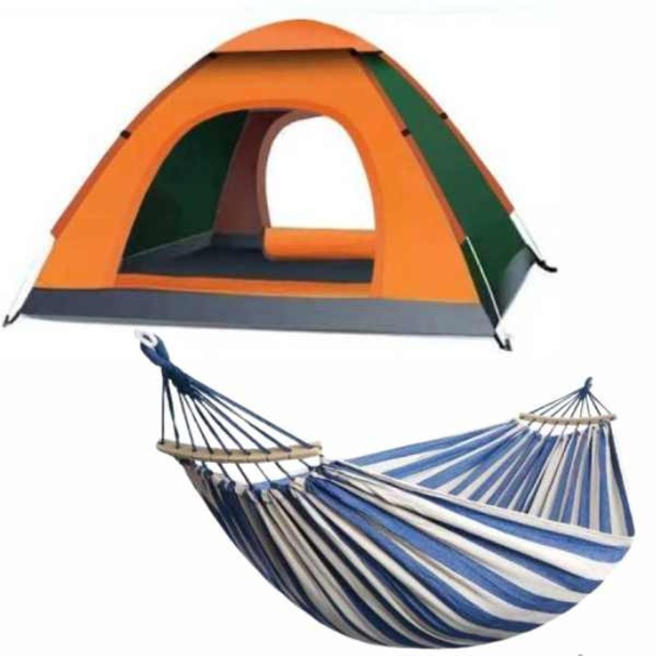 Mercaton szett, automata sátor 3-4 személyes 200x200x135 cm, vízálló, UV-védelemmel, narancssárga és függőágy fa tartóval, gubancolódásgátló, 280×80 cm, maximum 180 kg