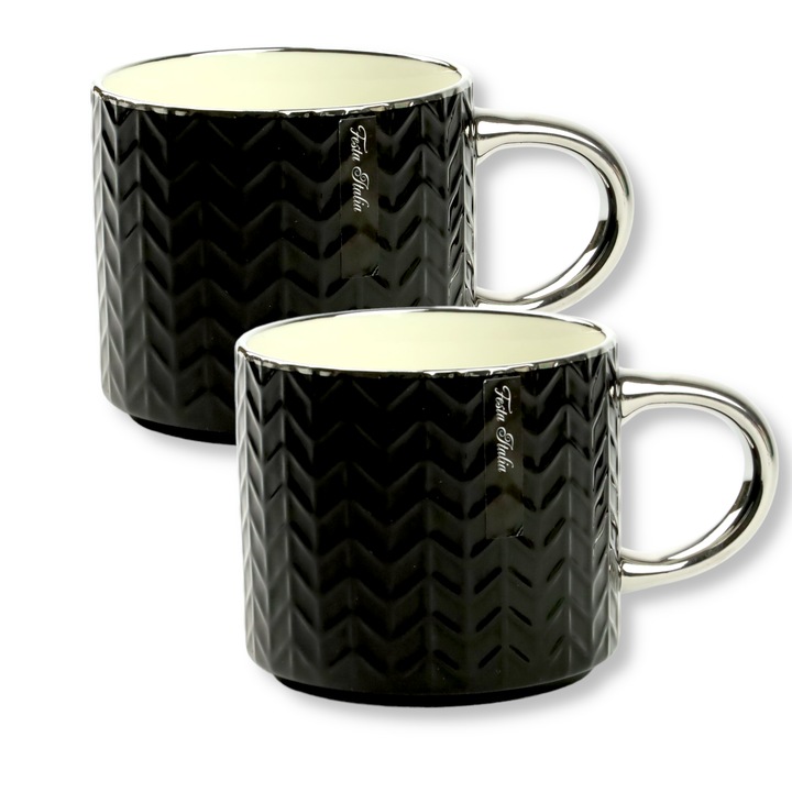 Set de 2 cani 470ml, Portelan, Festa Italia, Negru/argintiu