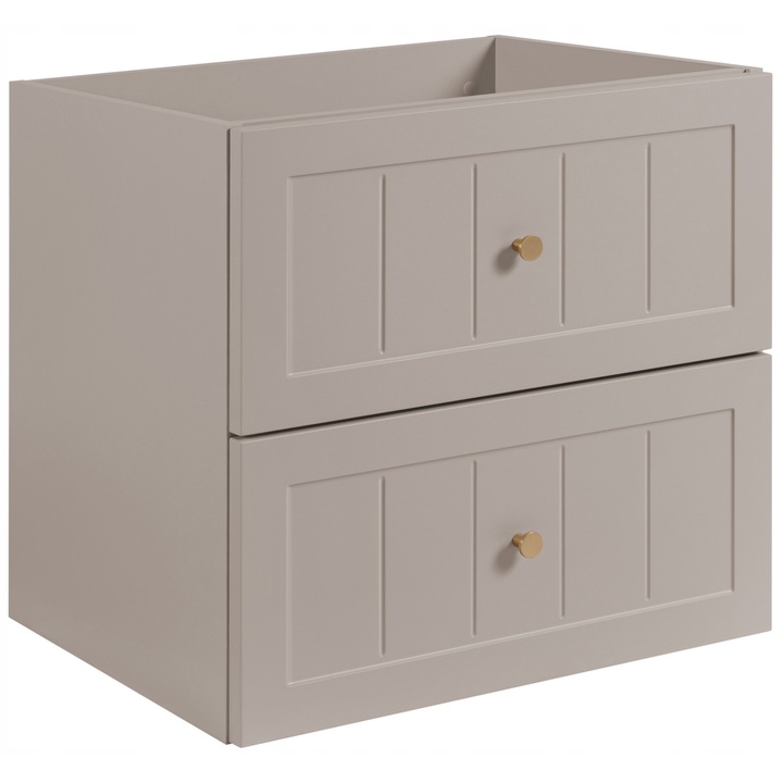 Шкаф за баня под мивка, Rodan, Gusto 60 2S, 60 см x 57 см x 46 см, Корпус от ламинирано ПДЧ 16 мм, Фронт от МДФ плоскост 19 мм, Деликатни фрезовки, Дръжки тип топка - златни, черни, сребърни, 2 чекмеджета с плавно затваряне, Кашмир