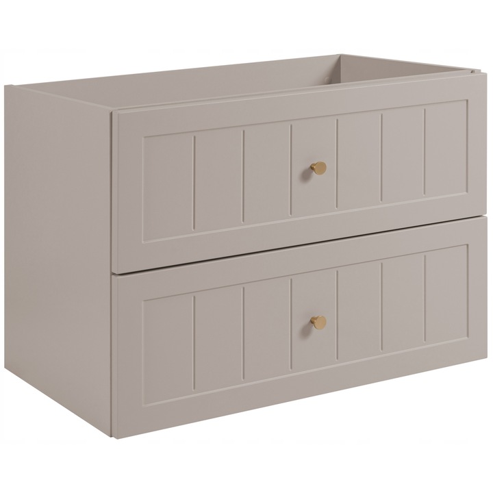 Rodan Gusto 80 2S Fürdőszoba szekrény mosdó alá, 80 cm x 57 cm x 46 cm, Laminált forgácslap test 16 mm, MDF előlap 19 mm, Finom marások, Gomb fogantyúk - Arany, Fekete, Ezüst, 2 Soft Close fiók, Kasmír