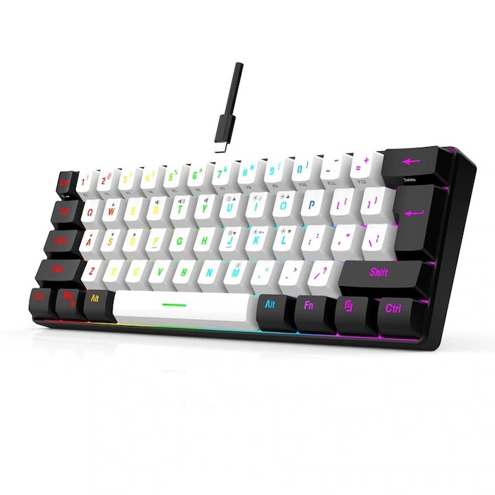 Tastatura gaming compacta 60%, iluminare RGB, cablu detasabil, negru si alb