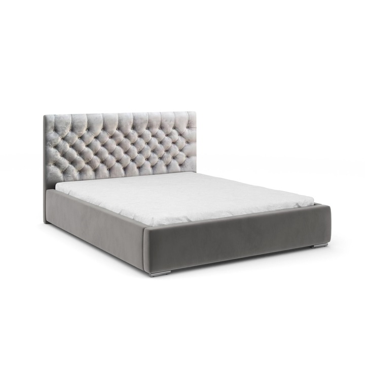 Pat tapitat Mering, 140x200 cm, design Chesterfield, cu spatiu de depozitare, gri