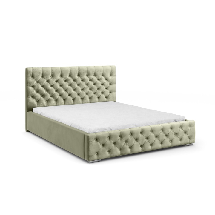 Pat tapitat Humi Volano, 120x200 cm, stil Chesterfield, cu spatiu de depozitare, verde