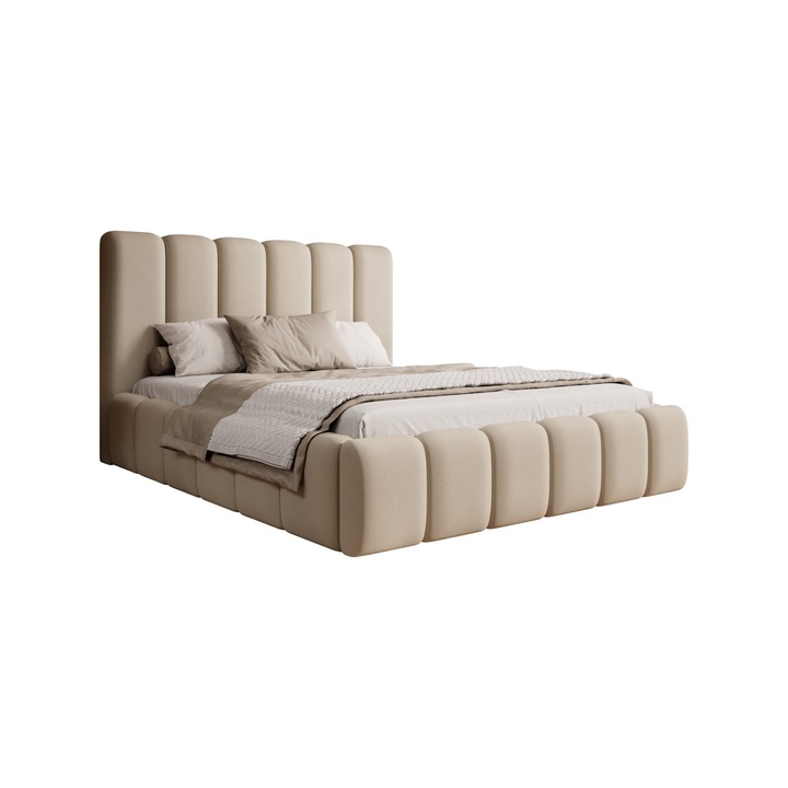 Pat dublu Rimini, Humi, 160x200cm, cu spatiu de depozitare, bej