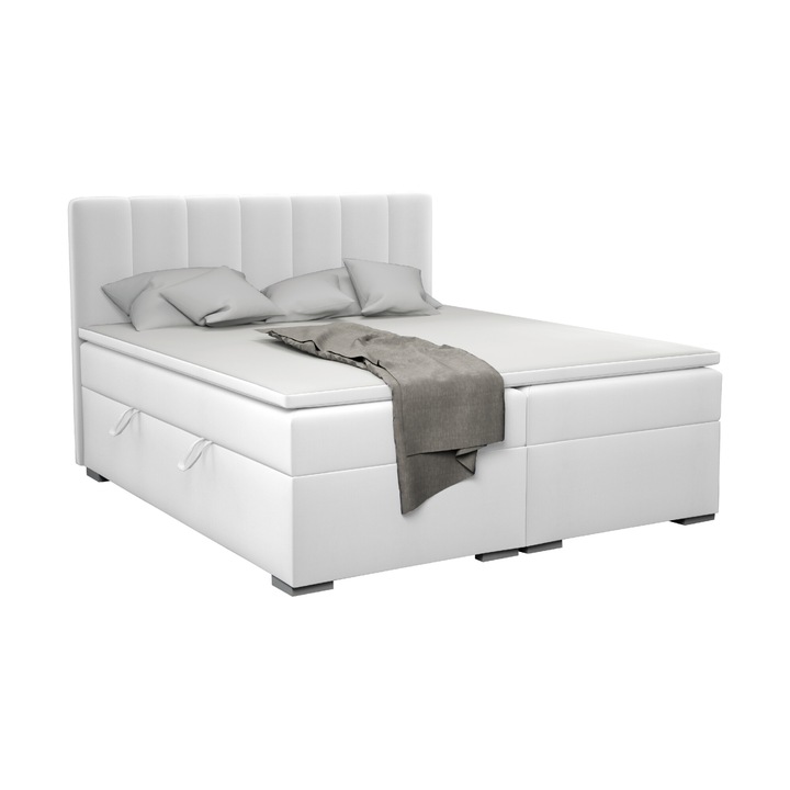 Pat dublu Humi Monaco, 140/160/180/200 cm x 200 cm, cu topper din spuma, cu doua sertare, alb