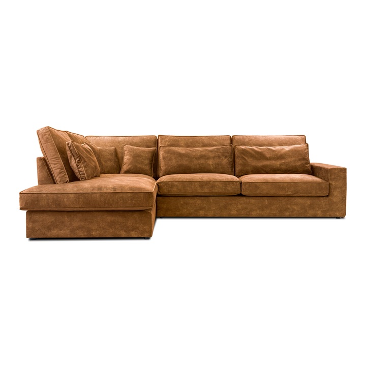 Canapea coltar Humi Haidi, 314x224x90cm, gri, bej, set cu 5 perne de spate, 3 perne plate, 3 perne decorative