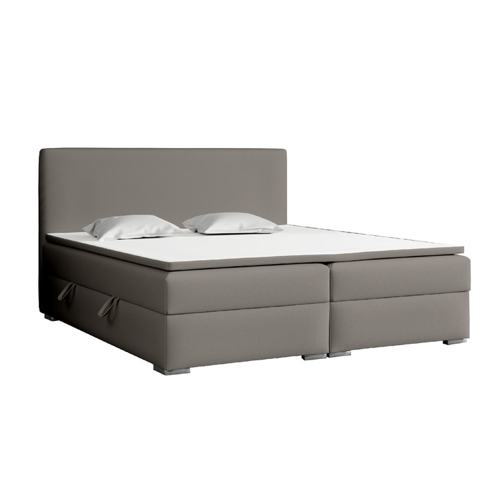 Pat Boxspring Humi Laval, 180x200cm, gri deschis, cu 2 compartimente pentru lenjerie