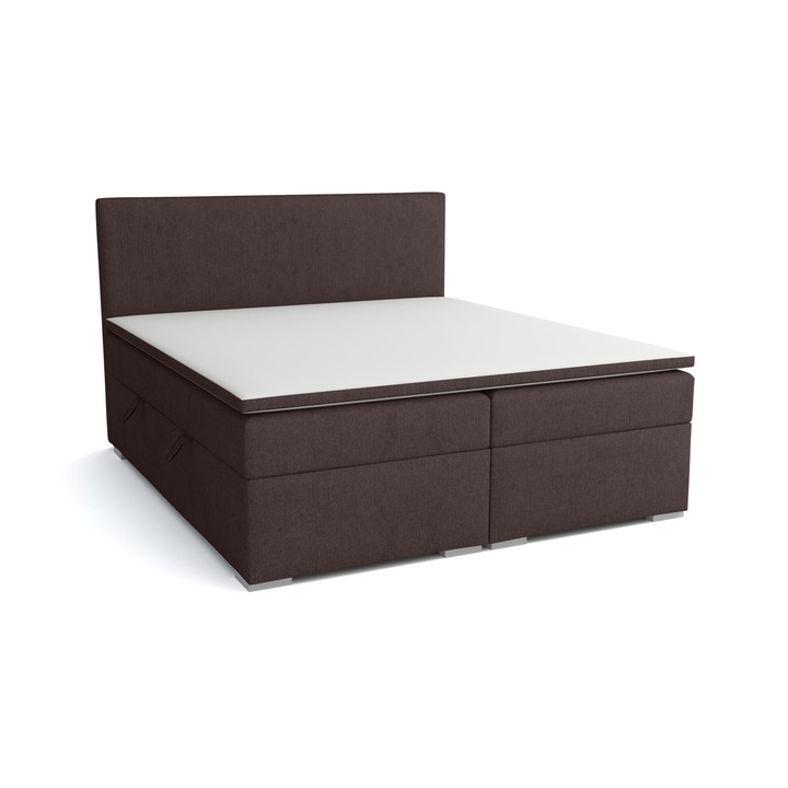 Pat dublu Boxspring Ennis, Humi, 140x200cm, cu topper din spuma, cu doua sertare pentru lenjerie