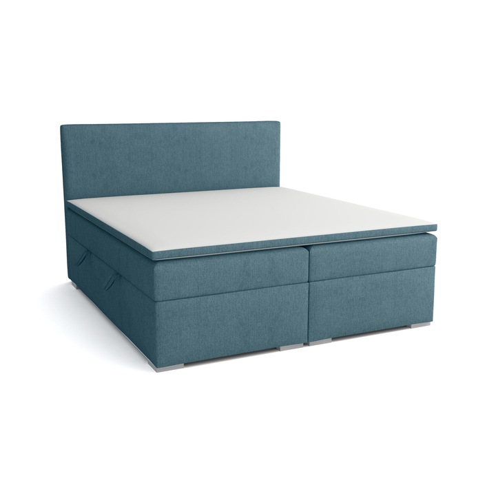Pat dublu Boxspring Ennis, Humi, 140x200cm, cu topper din spuma, cu doua sertare pentru lenjerie, albastru