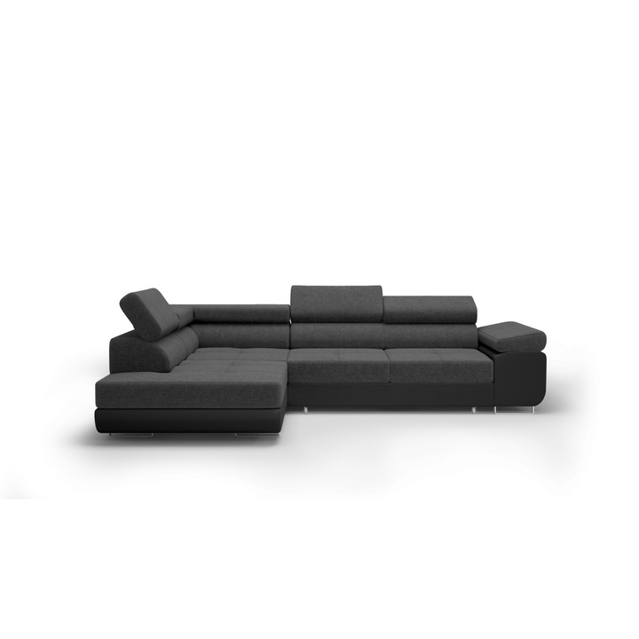 Canapea coltar Humi Almada, 275x202cm, stofa Kronos, functie de somn, stocare, negru, orientare stanga