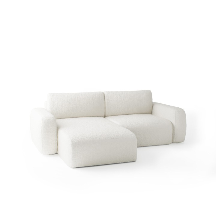 Canapea coltar Humi Sassari mini, 257x148cm, alb, cu functie de pat si spatiu de depozitare