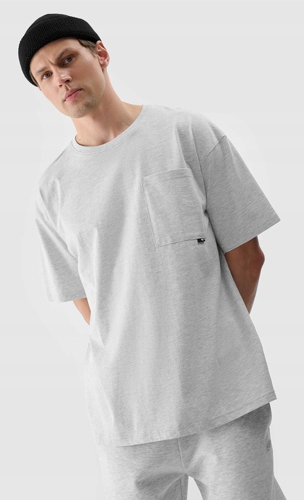Tricou unisex 4F, gri, bumbac, croiala oversize, buzunar pe piept
