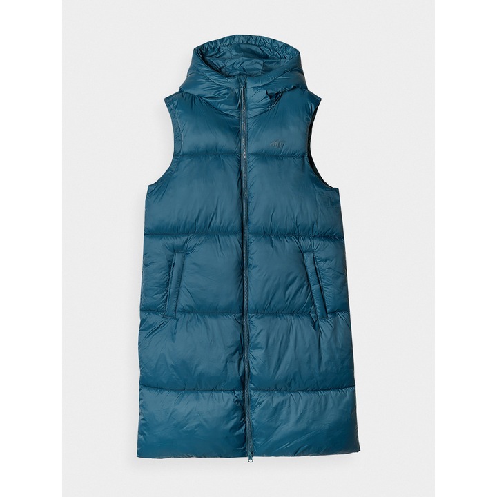 Vesta Lungi Matlasata Femei Verde Azur 4F, Umplutura Sintetica, Gluga si Guler Inalt, Sportstyle AW24