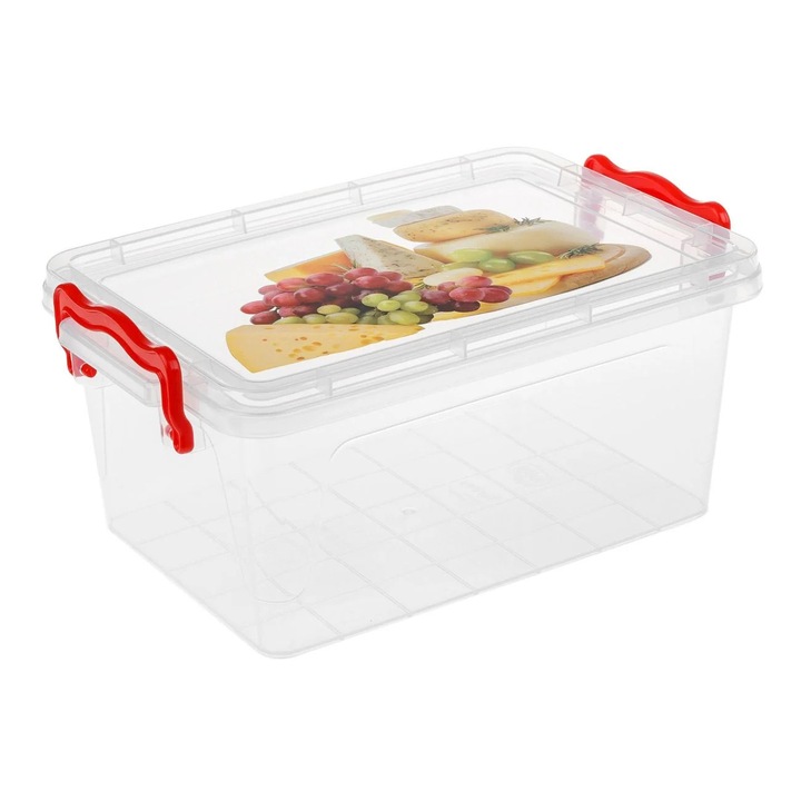 Caserola pentru Alimente din Plastic CARODIS, Transparenta, cu Manere Rosii, 3L, 23x16x10cm