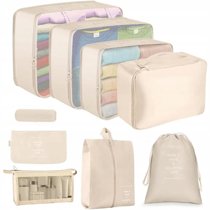 Set 9 organizatoare Calatorie de bagaj, bej, Cuburi de Impachetat, cu fermoar, Impermeabile, Portabil si pliabil, pentru vacante de familie, excursii, camping, pentru haine, cosmetice si incaltaminte