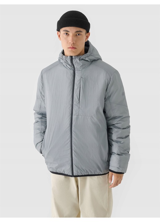 Мъжко яке 4F Primaloft Thermoplume, качулка, ефикасна изолация, сиво, пухено