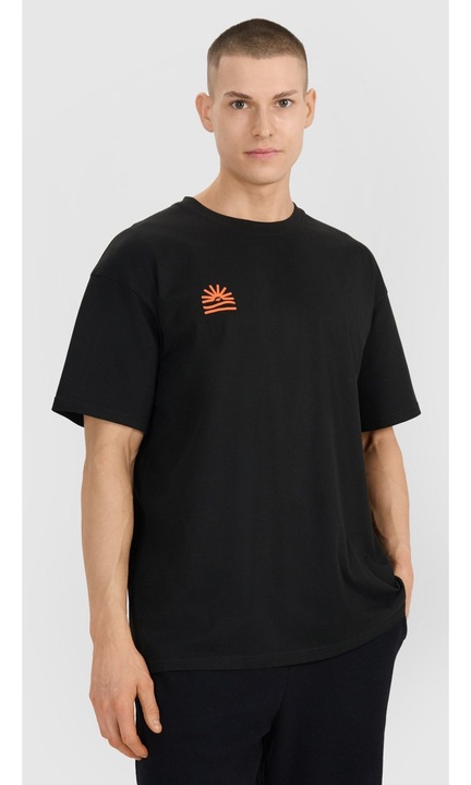 4F férfi póló, oversize szabású, jellegzetes mintával, fekete, pamut