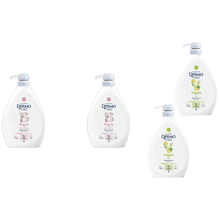 Set 4 x Dermomed Variety, 2 x Gel Dus 1l Beauty White Flower, 2 x Gel Dus 1l Lime Vitality, fresh aroma, parfum floral, distruge bacteriile, rapid si eficient, testat dermatologic, prospetime de lunga durata, eficacitate maxima, elimina mirosuri neplacute