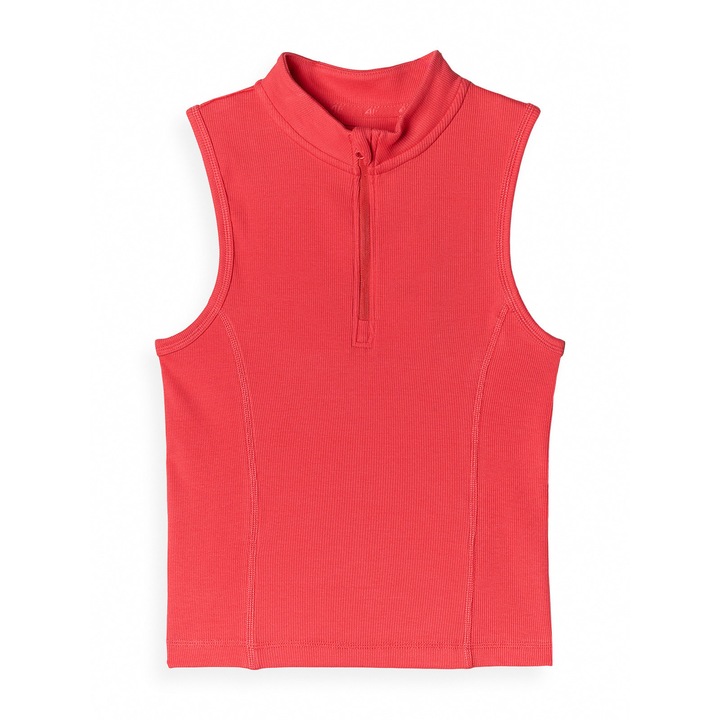 Top Fara Maneci 4F Femei Slim, Bumbac, Rosu, Casual & Sport, Guler Fermoar, XS-XL, AW24