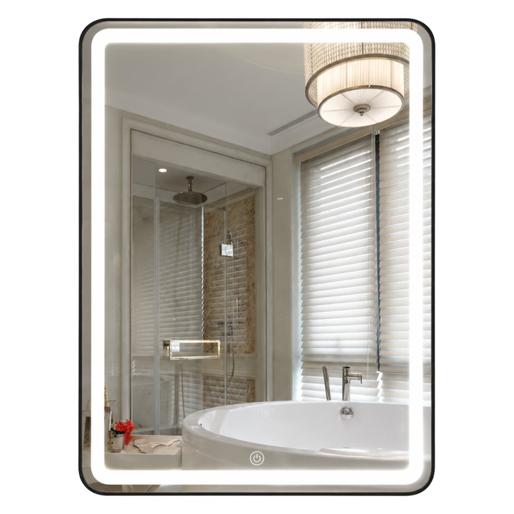 Oglinda Baie, Iluminare LED cu Touch, Rama Neagra, Dimabila 60x80 cm